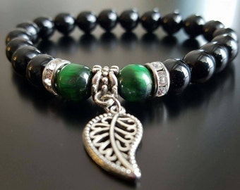 bracelet onyx and green tiger eye 8mm stones/ pierre semi precieuses