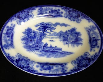 WH Grindley Flow Blue Oval Meat Platter – Cobalt Blue Shanghai Pattern - 10 inch long – England – VGC