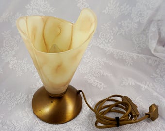 Mid Century Modern Table Lamp. Retro Blown Glass Lamp, Tulip shaped Lamp with Brass Base