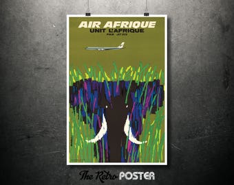Air Afrique, Unit L'Afrique, Par Jet DC8, Elephant Print, High Quality Poster Print or Canvas Print, Various Sizes, Vacation, , Advertising