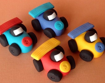 12 Edible 3d fondant RACING CARS cupcake toppers. Cake decorations perfect for birthday cakes.