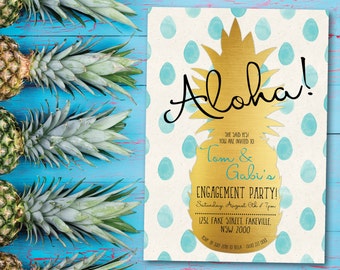 Tropical engagement invitation, tropical engagement, engagement invitation, beach party, aloha, pineapple, summer, Hawaii, blue, gold (Gabi)