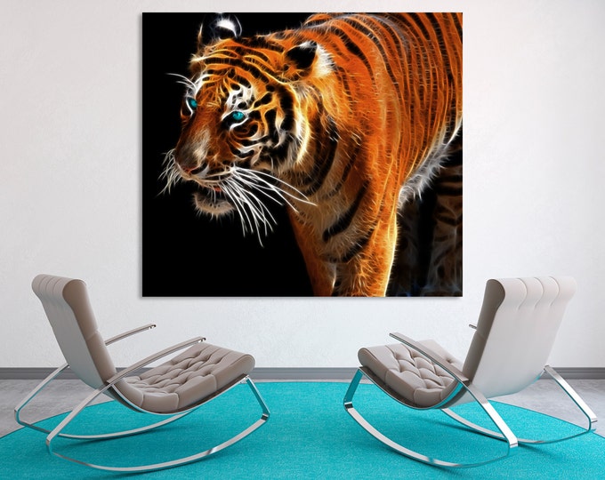 Large tiger wall art canvas, Abstract tiger wall decor, neon tiger print, tiger abstract art, cool tiger canvas print