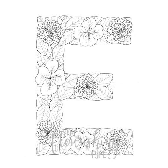 Printable Colouring Page Letter E Floral Inspired English
