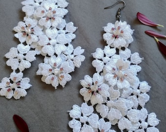 Lace Earrings - White Floral lace chandelier earrings with pink and white accent hand beading - hypoallergenic - R305