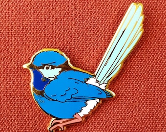 Splendid Fairywren Male Hard Enamel Pin - Pink White Blue and Gold - Lapel Pin Cloisonné Badge