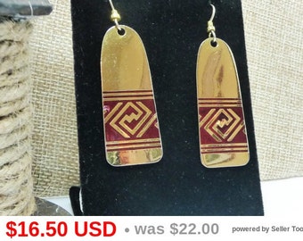 Laurel Burch Earrings - Gold Tone & Red Earrings - Signed - Tribal Design - Boho Dangling Pierced Earrings - Vintage 1970's 1980's 1990's