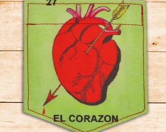 El Corazon-Loteria, The Heart mexican loteria Sticky Pocket Patches - Patch for Tshirts