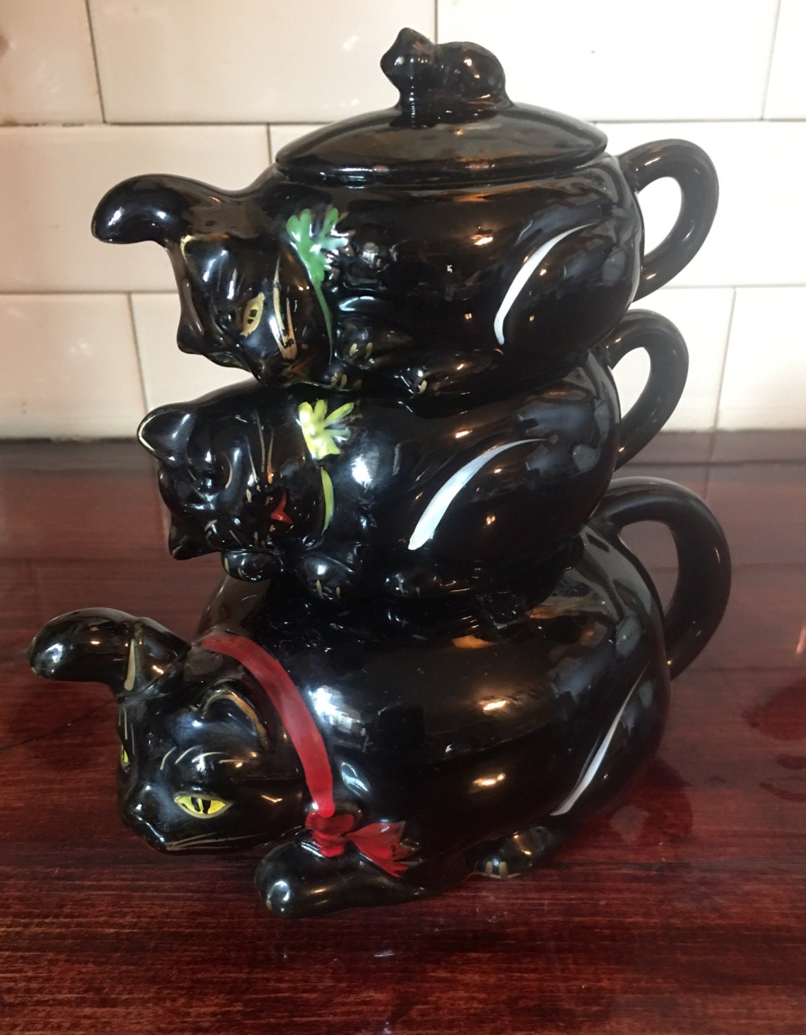 Vintage Black Cat Teapot Sugar Creamer Set 1950's Japan
