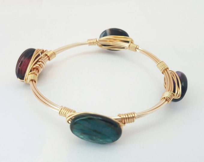 Multicolor Agate Flat gemstone wire bangle, Bracelet, Bourbon and Boweties Inspired