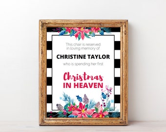 First Christmas in Heaven Poem Sign, Empty Chair Christmas Memorial with Red Poinsettia Design, Printable Instant Download Editable PDF X003
