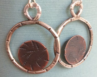 sterling silver and copper circle dangle earrings