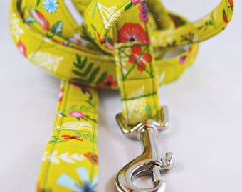 Olive Floral Cotton Dog Leash; Flower Dog Leash; Spring Dog Leash; Fabric Dog Leash; Green Dog Leash