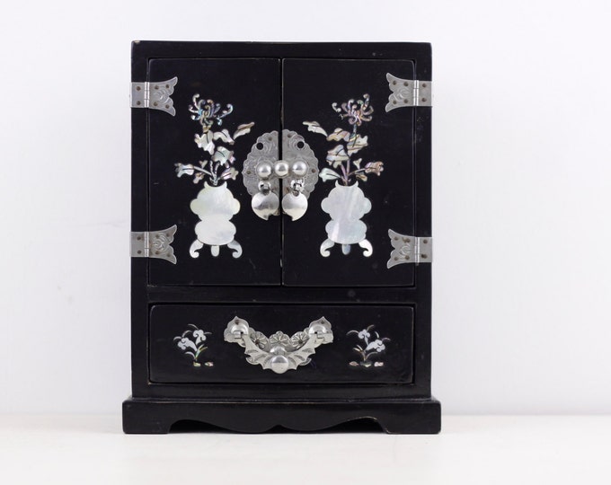 Chinese jewellery cabinet, inlaid mother of pearl black miniature dollhouse wardrobe, dressing table jewelry box, trinket box with drawers