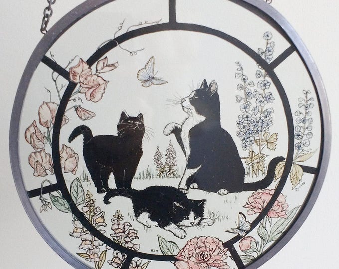 Vintage suncatcher cats playing in a summer garden, round stained glass window pane, art glass 1990