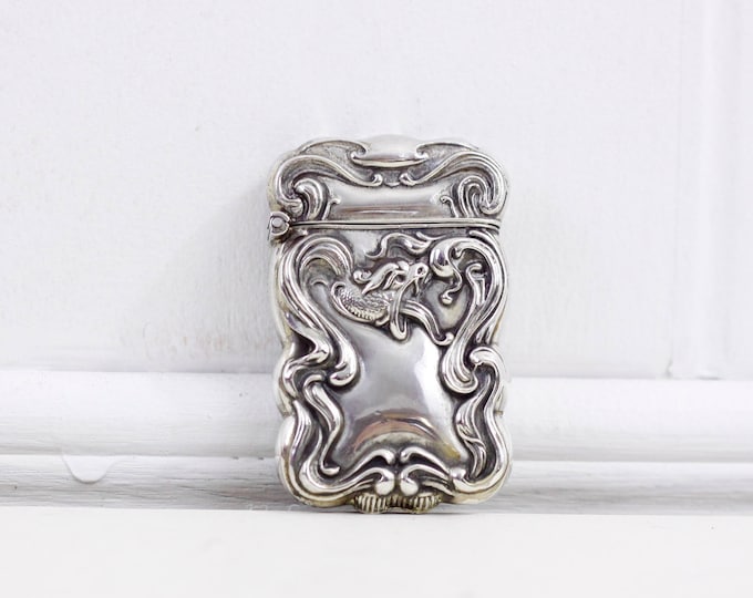 Art Nouveau dragon vesta, sterling silver match safe with Snake, medieval serpent, water dragon, collectible silver, miniature silver