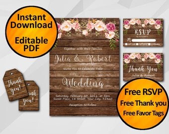Wedding invitation Instant Download printable editable SALE 60% OFF Watercolor Rustic wood free thank you free favor tags free back X005w6