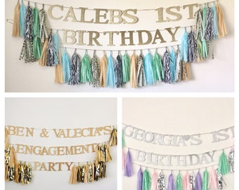 Personalised Tissue Paper Tassel Garland/Pom Tassels/Party Garland/Happy Birthday Tassels/Birthday Sign/Birthday Garland/Banner/Sign/Tassels