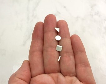 Mix and match studs set | Set of 4 sterling silver earrings | Tiny silver studs | circle triangle bar square studs | minimalist silver studs
