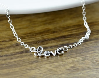 silver love necklace, love script necklace, romantic jewelry, valentines day, romantic gift, gift for wife