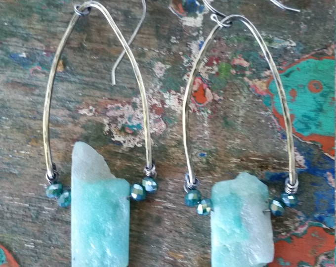 Sterling Silver Earring with Mystic Aqua Blue Glass Beads and an Amazing Raw Aqua Blue Kyanite Slice