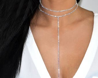 BETINA Set Double T Drop Diamante Choker Necklace Rhinestone Choker Necklace Sparkle Crystal Choker Silver Necklace Prom