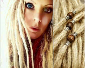 1 x 20" Real Human Hair Dreadlock Dreads Blonde with Metal Effect/Wooden Bead - suitable for dying