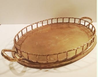 Large Vintage Hollywood Regency Brass Faux Bamboo Tray with Handles