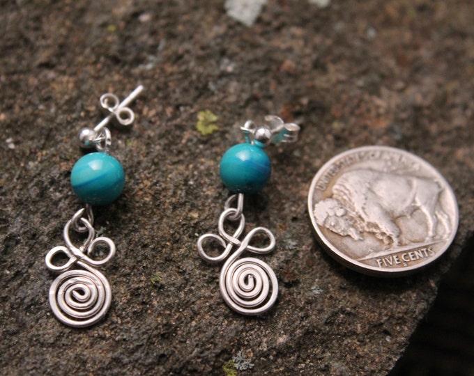 Blue Bead Earrings with Sterling Silver Clover Leaf Spiral on Sterling Post Earrings