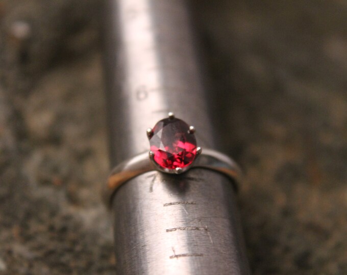Rhodolite Pink Garnet Ring, Solitaire January Birthstone, 6 Prong 8 x 6 mm Gemstone Sterling Silver Ring, Birthday Gift, Raspberry Red Gem
