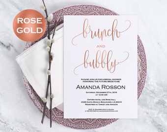 Rose gold bridal shower invitation - brunch and bubbly bridal shower invitation editable on Adobe Reader - invitation template #WDH812105