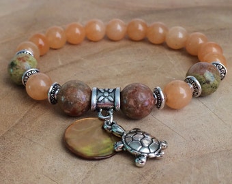 Bracelet of Aventurine and Unakite, with turtle of the luck