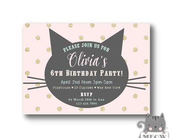 Cat Birthday Invitation / Girl's 6th Birthday Invitation / Pink / Gold / Polka Dots / Kitty / Kid's Birthday / Any Age / 103a