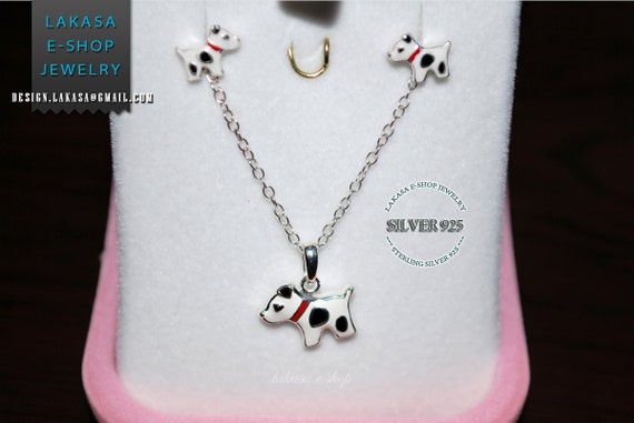 Kids set enamel cute dogs necklace earrings sterling silver white gold plated jewelry gifts best ideas birthday party school moda collection