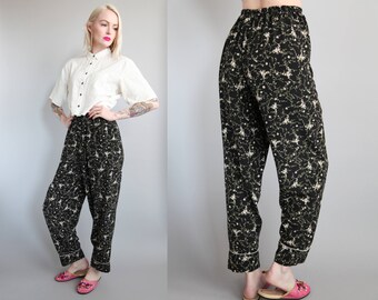 Vtg 90s Black Floral Pajama Pants sz S