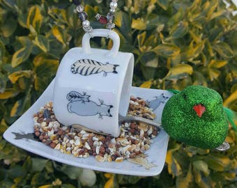 Bird Feeder Made from a Re-purposed Small Demitass Cup, Saucer and Spoon - Adorable Cats and Kittens