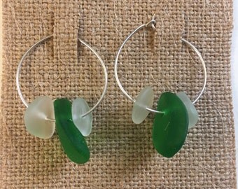 Genuine Green & White Seaglass Sterling Silver Hoop Earrings