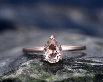 Morganite engagement ring-handmade Solid 14k Rose gold ring-Solitaire Stacking band-6x8mm Tear Drop gemstone promise ring-Bridal Ring