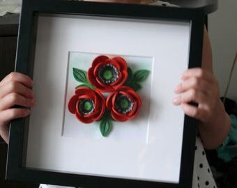 Quilling wall art Red poppies Quilling art 3D Quilling Quiller wall ard 3D flower Nice gift Quilling home decoration