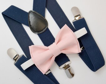Bow Tie & Suspenders SET / Blush Pink Bow Tie / Navy Blue Suspenders / Kids Mens Baby Wedding Page Boy Set 6 months - to Adult Set