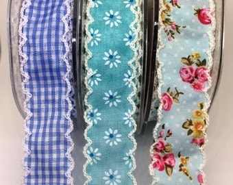 Pretty cotton Ribbons, Crochet edge, in pretty blues, sewing inspirationb, floral, gingham, sold by the meter
