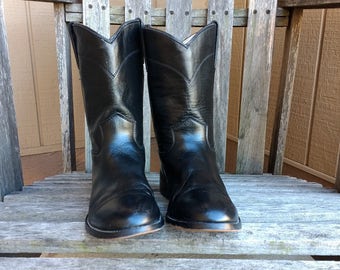 Justin Black Leather Cowboy Boots Youth Size 3 1/2 D Roper Toe 3702Y