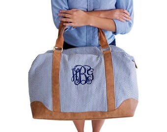 Embroidered Seersucker Weekender Bag - Blue Personalized Weekender Bag - - Personalized Overnight Bags Personalized Luggage