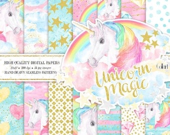 Unicorn Paper Pack, Unicorn Backdrop Rainbows Digital Backgrounds, Seamless Papers, Baby Shower, Planner Stickers, Hand painted papers