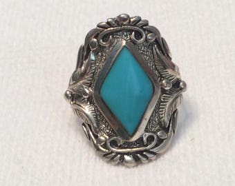 Beautiful Ornate Large Navajo Turquoise Ring Women or Men Super Nice Details Big Bold Sigend SC Silver Cloud Size 11 1/2