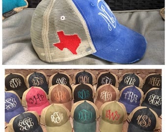 Monogram hat with solid filled state of texas on side, monogram hat, texas, texas state, state