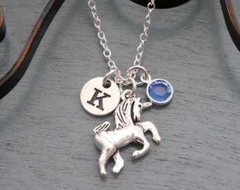 Personalized Unicorn Necklace, Unicorn Jewelry, Fairy Tale Necklace, Silver Unicorn Necklace, Unicorn Gifts, Unicorn, Letter Birthstone