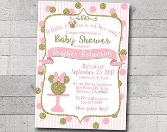 Girl Baby Shower Invitation Minnie Mouse Pink Gold Glitter Polka Dot Stripes Printable Digital I Customize For You