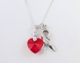 AIDS HIV Heart Disease Stroke Awareness Necklace - Red Awareness Heart, Sterling Silver Ribbon Swarovski Heart