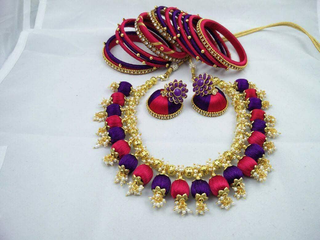 Silk thread jewelry set pink blue Silk thread jewelry
